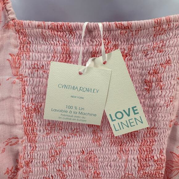 Cynthia Rowley Linen Smocked Blouse M Pink Peacock Print Puff Sleeve Square Neck - Picture 6 of 10